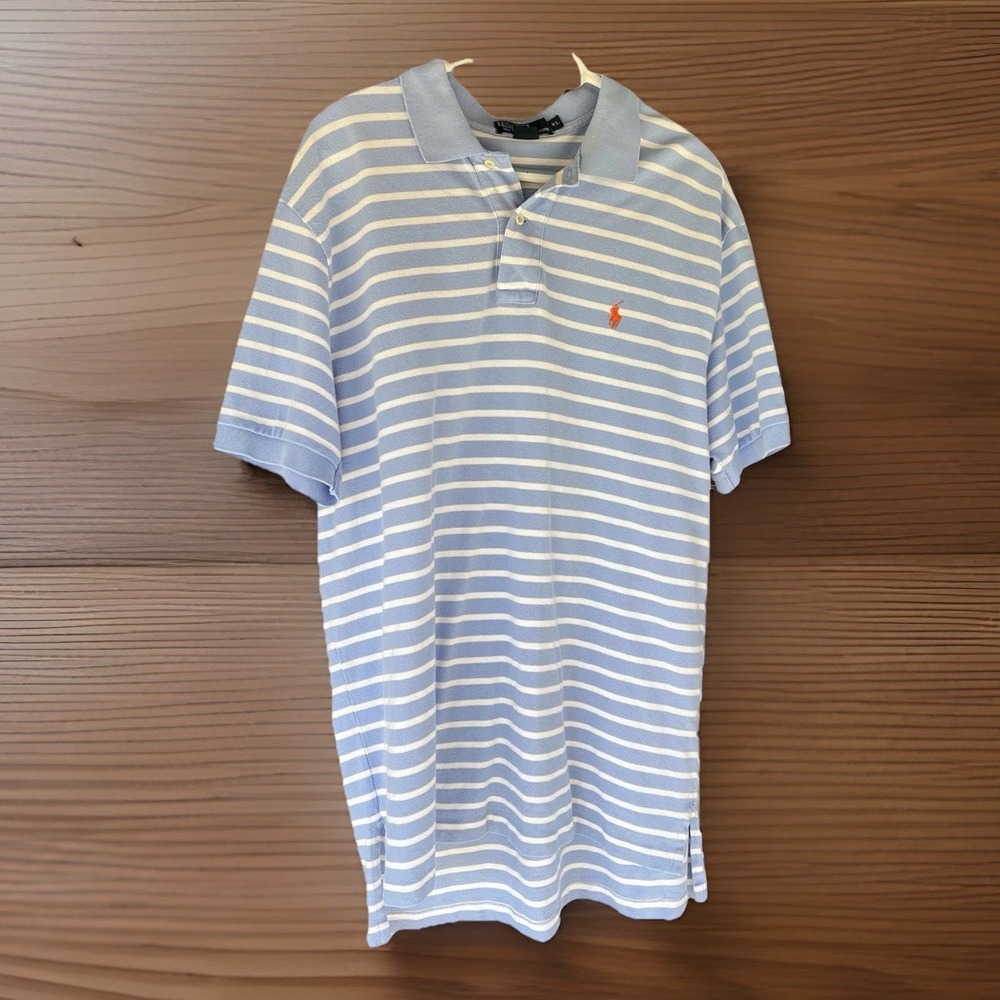 Polo Ralph Lauren Mens XL Blue White Striped Orange Pony Short Sleeve Polo Shirt